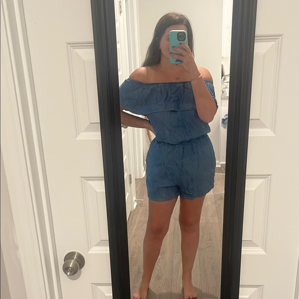 Blue Off-Shoulder Romper WITH POCKETS